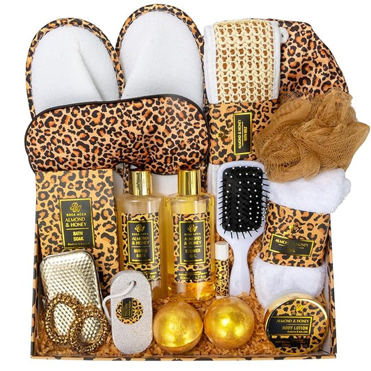 Bath Gift Set for Women, XXL 20 Pcs Skin Care Set Leopard Print Spa Gifts for Birthday, Mother's Day, Valentine's Day, Christmas, Home Spa Kits with Shower Gel, Body Lotion, Shower Cap, Manicure Set