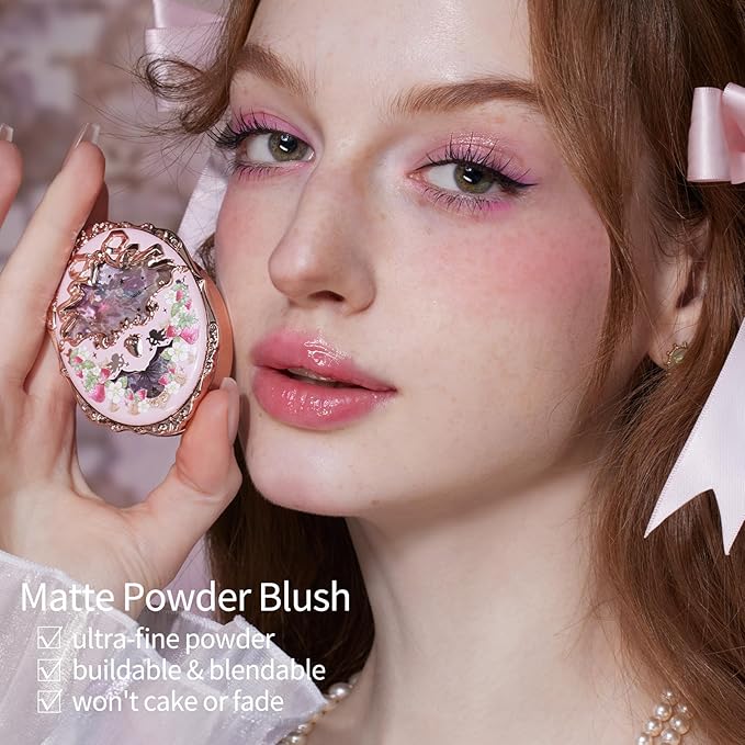 Flower Knows Strawberry Rococo Embossed Blush;Pink Matte Finish;Buildable & Blendable Powder Blush for cheeks,Natural Flush for All Skin Tones(G01 Romantic Blossom,4.6g)