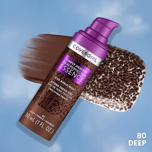 Covergirl Simply Ageless Skin Perfector Essence Foundation, 80 Deep, Tinted Skincare Makeup Hybrid, Sheer Tint, Radiant Finish, Glowy Finish, Vegan Formula, 1.0oz