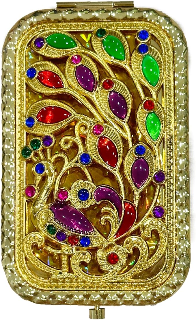 1PC Vintage Lateral Tail Peacock Pattern Cosmetic Makeup Pocket Purse Magnification Jewel Mirror （Rectangle）