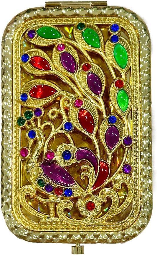 1PC Vintage Lateral Tail Peacock Pattern Cosmetic Makeup Pocket Purse Magnification Jewel Mirror （Rectangle）