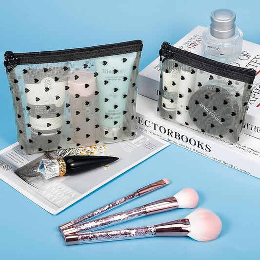 6 Pack Mini Zipper Mesh Makeup Bags, Heart Print Nylon Cosmetic Bags Toiletry Bags for Office Travel Organization (Widened-Beige, XS)