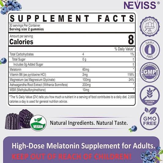 Antioxidant & Brain Support Melatonin 60mg 30mg for 50+ Adults | High Dose Melatonin for Anti-Aging & Immune | Extra Strength Melatonin Gummies with B6, Ashwagandha, Magnesium, MSM - 120 Gummies