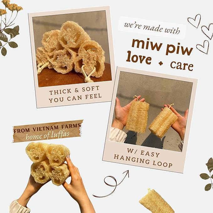 Natural Loofah Exfoliating Body Scrubber (Pack 4), Loofah Shower Sponge, Luffa for Exfoliating & Smooth Skin Cleansing, Women and Men, 100% Biodegradable Compostable, Dye Free