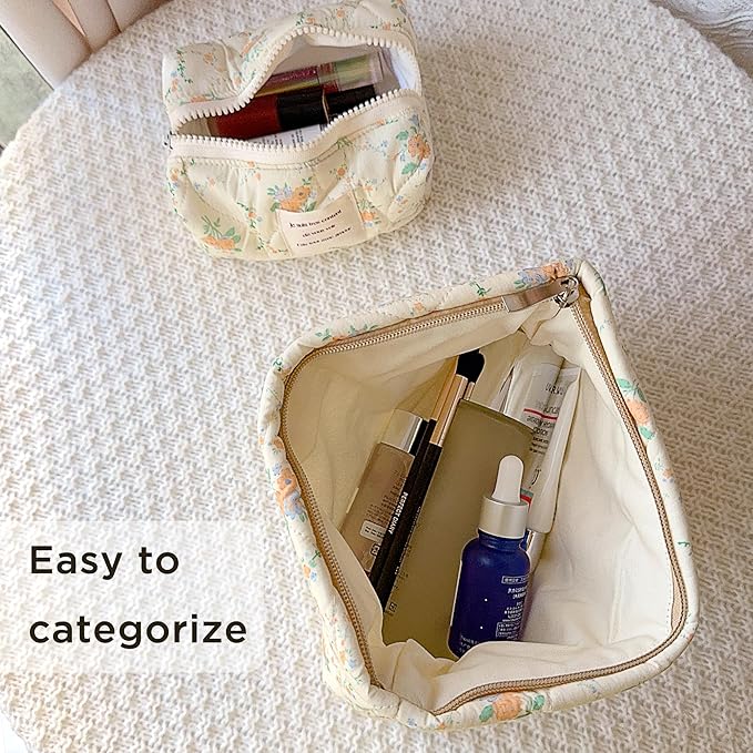 2 Pieces Floral Makeup Bag, Cute Travel Quilted Pouch Cosmetic Bag Organizer, Small Cotton Coquette Aesthetic Purse Toiletry Bag for Women Girls accessories (2PCS-Beige Floral)