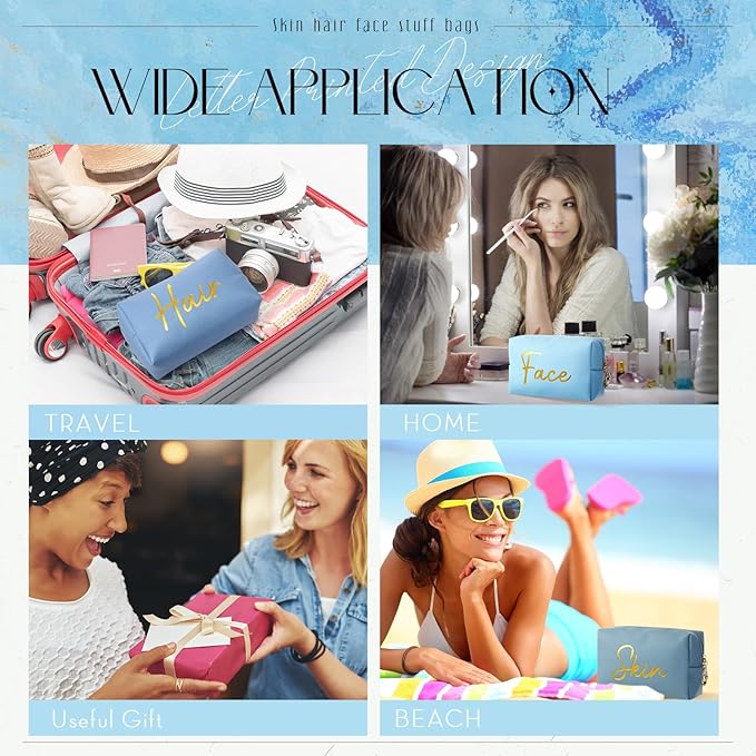 Aliceset 4 Pcs Preppy Makeup Bags Set Cute Travel Cosmetic Pouch Face Skin Hair Stuff Aesthetic Makeup Bags, PU Leather Waterproof Zipper Toiletry Pouch Gifts for Women Girl(Aqua Blue)