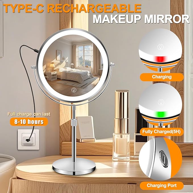 8.7" Large Lighted Makeup Mirror, 1X/10X Magnifying Mirror with 3 Color Dimmable Lights, Double Sided Vanity Mirror, Height Adjustable, 360° Swivel Cosmetic Mirror for Women Girl(Silver)