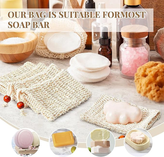 20 Pack Soap Exfoliating Bag, Natural Sisal Soap Saver Bag with Drawstring, Soap Saver Bag with Wooden Bead, Exfoliating Soap Bag for Shower