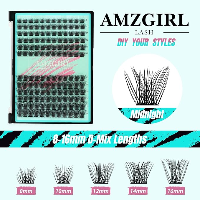 AMZGIRL LASH Midnight DIY Lash Extension Kit, 144 pcs Eyelash Clusters Kit Lash Bond and Seal, Lash Glue Remover and Applicator for Individual False Eyelashes Kit Lash Extensions(D-Mix 8-16mm Kit)