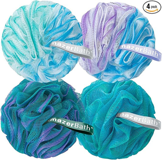 AmazerBath Loofah Sponge, Shower Loofah 75g/PCS - Body Scrubber Loofa Set of 4 - Green, Purple & Blue, Bath Sponge for Men and Women