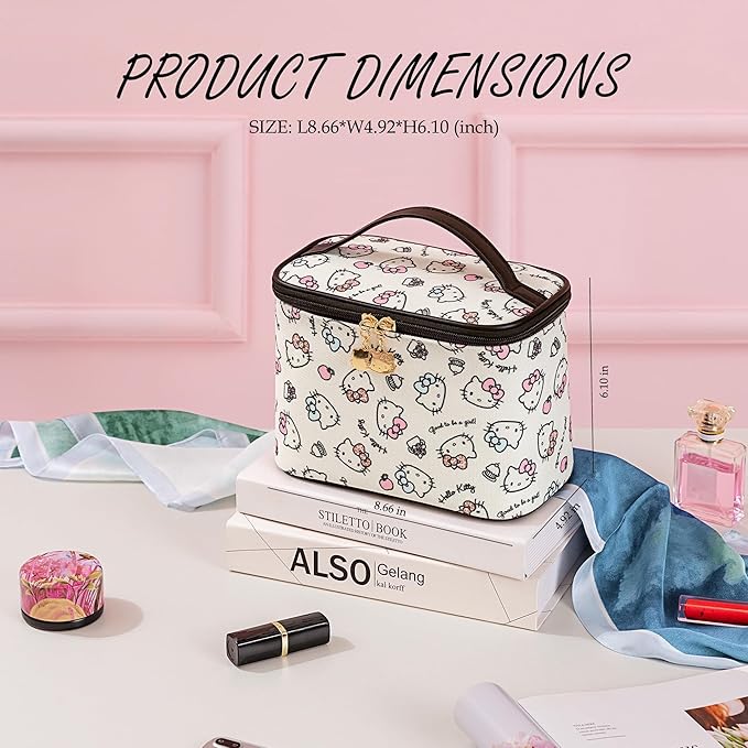 AmBealla Cosmetic Bag Large Makeup Bag Makeup Travel Case with Brush Holder, Canvas Organizer for Women, Toiletry Bag for Skincare & Beauty Tools Sweet Cute for Girls