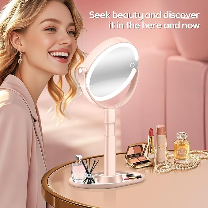 B Beauty Planet Makeup Mirror with Lights, Lighted Magnifying Mirror 20X with 3 Lighting and Adjustable Brightness, 2-Sided Height Adjustable Vanity Mirror for Bathroom, Gifts for Women Pink
