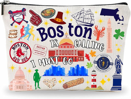Boston Souvenirs Cosmetic Bags For Women，Boston Is Calling I Must Go, Makeup Organizer Bag, Toiletry Pouch, Small Travel Storage Bag, Boston Themed Gifts, Women Essentials - D08