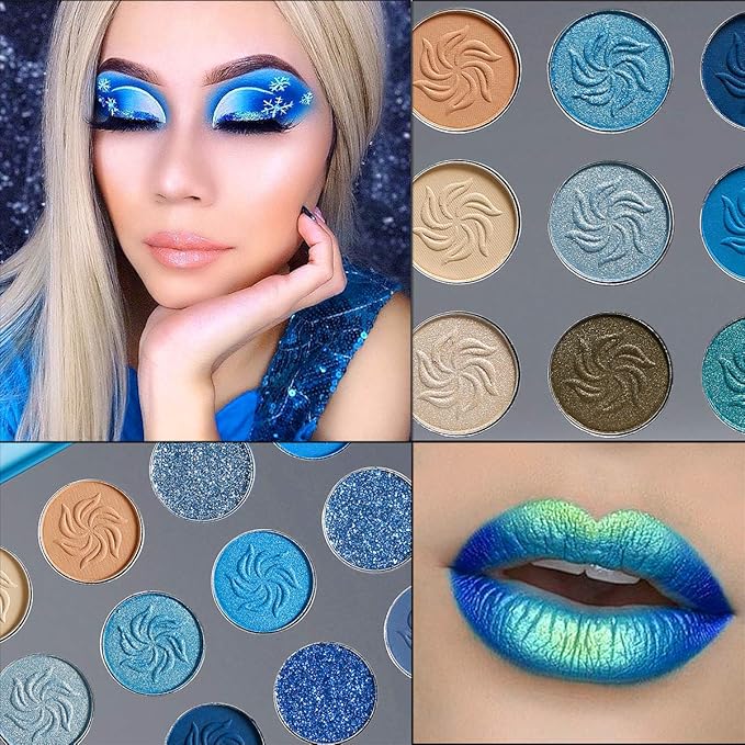 Afflano Blue Eyeshadow Palette Matte Shimmer, Highly Pigmented Waterproof Space Blue Eye Shadow Palette, Navy Silver Blue Glitter Eyeshadow Pallet for Christmas Snowflake Blue Eyes Makeup