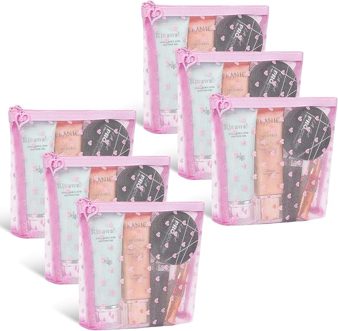 6 Pack Mini Zipper Mesh Makeup Bags, Heart Print Nylon Cosmetic Bags Toiletry Bags for Office Travel Organization (Widened-Pink, S)