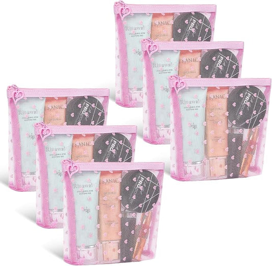 6 Pack Mini Zipper Mesh Makeup Bags, Heart Print Nylon Cosmetic Bags Toiletry Bags for Office Travel Organization (Widened-Pink, S)