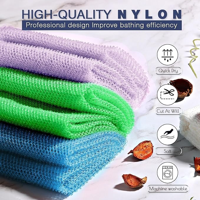 3 Pieces African Bath Sponge African Net Long Net Bath Sponge Exfoliating Shower Body Scrubber Back Scrubber Skin Smoother,Great for Daily Use (Pale Purple, Blue, Green)