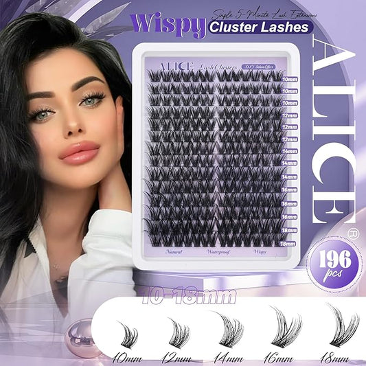 ALICE Lash Clusters Wispy Cluster Eyelash Extensions 192pcs Natural Individual Lashes DIY Lash Extension 10-18mm Cluster Eyelashes with Mix 4-7mm of Lash Band