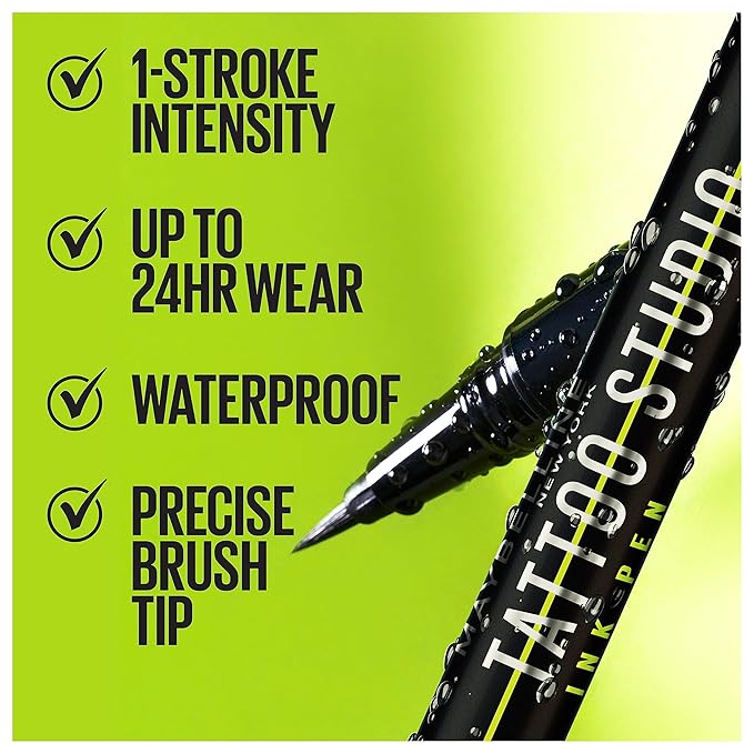 Maybelline Tattoo Studio Ink Pen Liquid Eyeliner, Up to 24 Hours of Wear, Waterproof & Smudge-Resistant Make Up, Matte Black, 1 Count