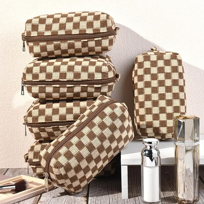 6 Pcs Preppy Makeup Bag Bulk Checkered Cosmetic Bag Brown Makeup Pouch Personalize Travel Toiletry Bag Organizer Cute DIY Makeup Brushes Storage Bag for Women