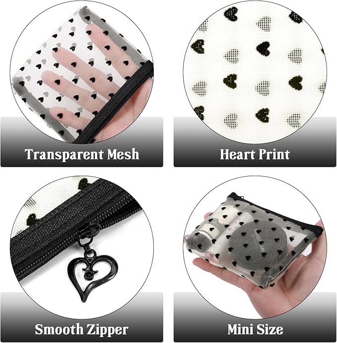 6 Pack Mini Zipper Mesh Makeup Bags, Heart Print Nylon Cosmetic Bags Toiletry Bags for Office Travel Organization (Widened-Beige, XS)
