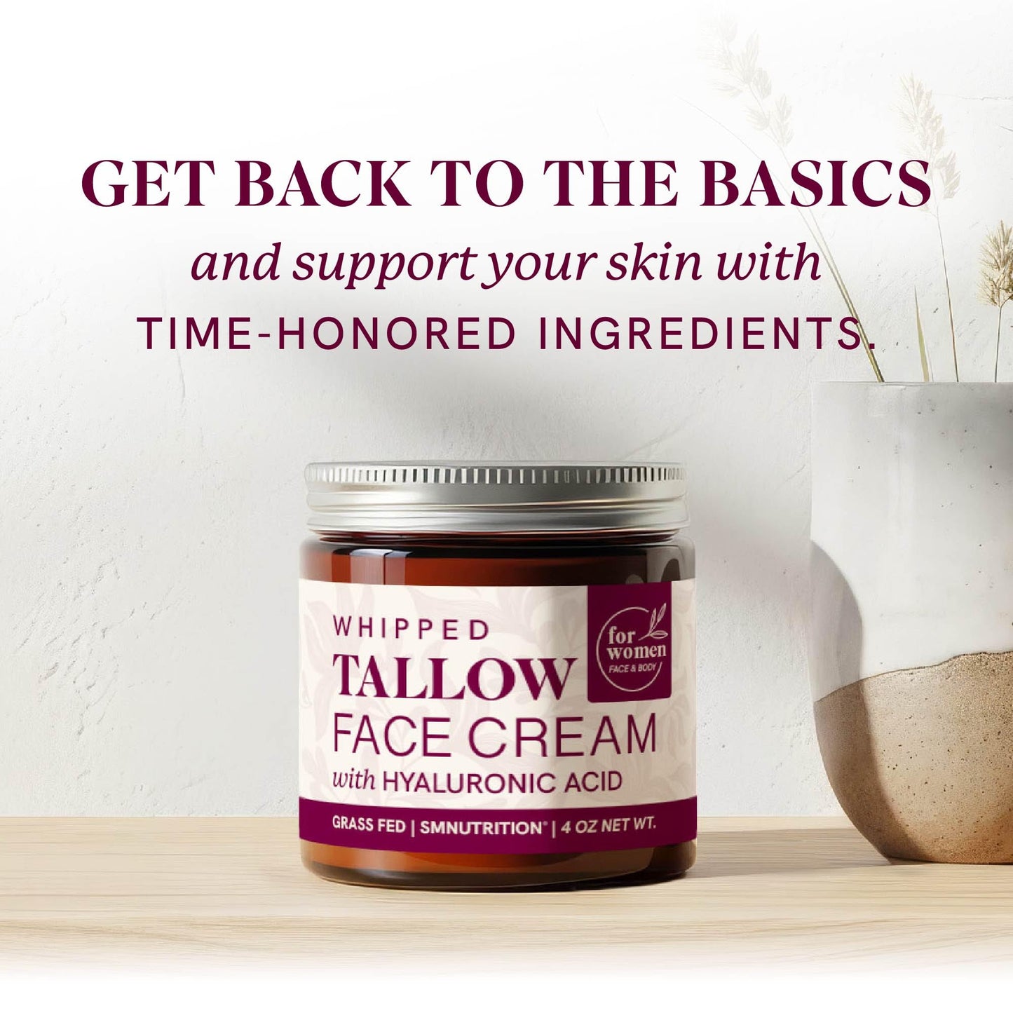 Beef Tallow Face Moisturizer for Women | With Hyaluronic Acid | Hydrating Whipped Beef Tallow for Skin Care for Women | With Jojoba & Sweet Almond Oil | Paraben & Cruelty-Free, Non-GMO | 4 oz