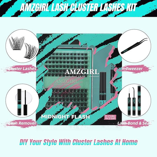 AMZGIRL LASH Midnight DIY Lash Extension Kit, 144 pcs Eyelash Clusters Kit Lash Bond and Seal, Lash Glue Remover and Applicator for Individual False Eyelashes Kit Lash Extensions(D-Mix 8-16mm Kit)