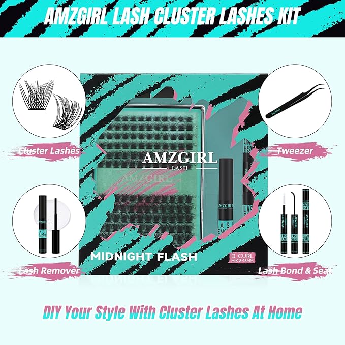 AMZGIRL LASH Midnight DIY Lash Extension Kit, 144 pcs Eyelash Clusters Kit Lash Bond and Seal, Lash Glue Remover and Applicator for Individual False Eyelashes Kit Lash Extensions(D-Mix 8-16mm Kit)