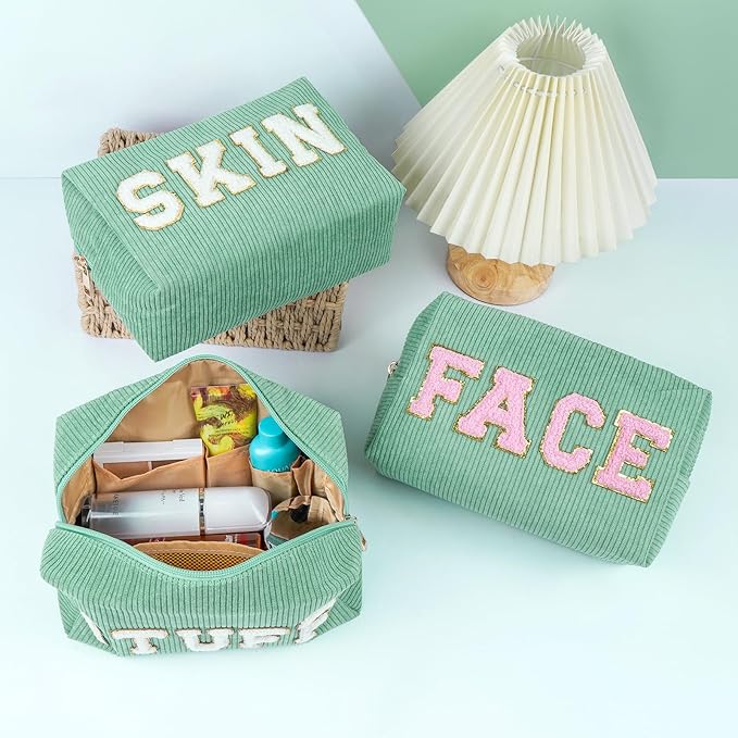 MAGEFY Small Makeup Bag for Purse Portable Makeup Pouch with Compartments Corduroy Make up Bag for Women Travel Cosmetic Essential (Green, FACE)