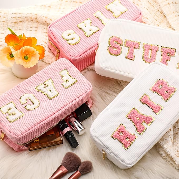 4 Pcs Preppy Patch Makeup Bag Corduroy Cosmetic Bag Makeup Accessories Skincare Pouch Chenille Letter Portable Zipper Face Pouch Cute Toiletry for Women Travel(Pink White Series Color)