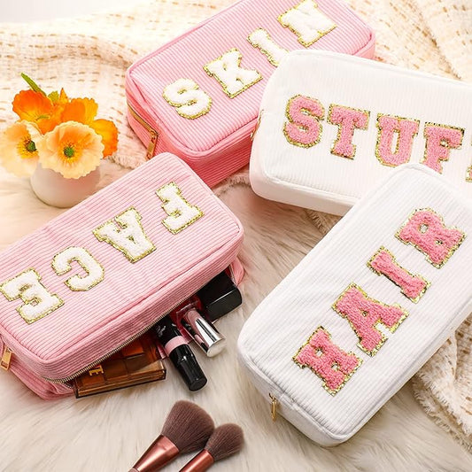4 Pcs Preppy Patch Makeup Bag Corduroy Cosmetic Bag Makeup Accessories Skincare Pouch Chenille Letter Portable Zipper Face Pouch Cute Toiletry for Women Travel(Pink White Series Color)