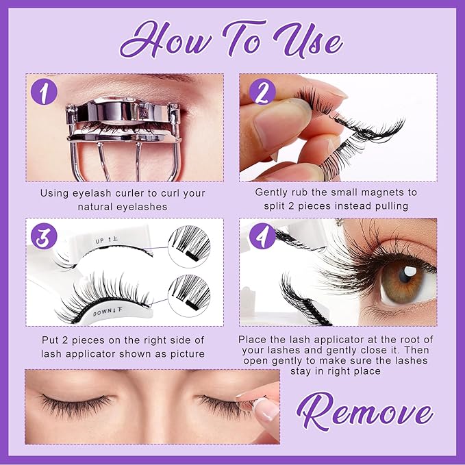 4 Pairs Magnetic Eyelashes with Applicator: Natural Look, Reusable, No Glue Needed, Wendy Lashes, CX0305, 079+B01