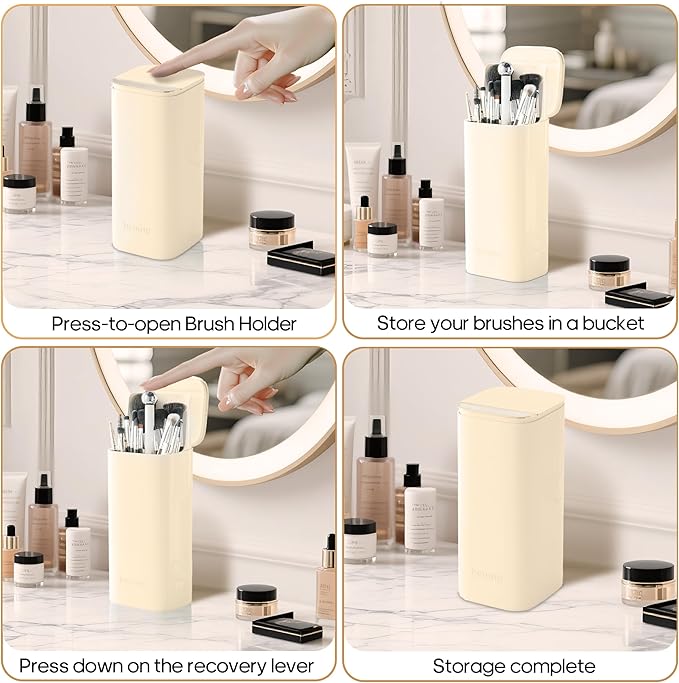 Makeup Brush Holder with Lid,One Touch Open 4 Slot Makeup Brush Case with Waterproof Dustproof,Brushes Storage Holder for Vanity, Dresser, Desk (Cream white)