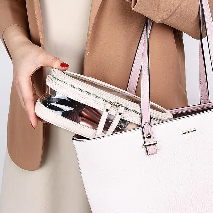 Makeup Brush Case Clear Travel Cosmetic & Toiletry Bag Slim Makeup Bag with Zipper Small Purse Organizer Car Essential Bag for Women (Beige, SLIM-2)