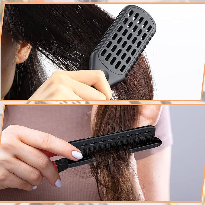 Chengu 2 Pcs Boar Bristles Clamp Double Sided Straightening Comb and Flat Iron Brush for Hair Styling and Straightening Knotty Unkempt Hair (Black, Rose Red)