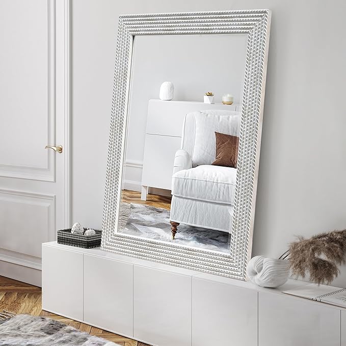Americanflat 24x36 Wall Mirror - Hanging Mirrors with Durable Frame - Modern Mirror for Bathroom, Bedroom, Living Room - Mirrors for Wall Display and Home Decor - Metallic White with Beaded Texture