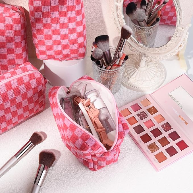 6 Pcs Preppy Makeup Bag Bulk Checkered Cosmetic Bag Pink Makeup Pouch Personalize Travel Toiletry Bag Organizer Cute DIY Makeup Brushes Storage Bag for Women