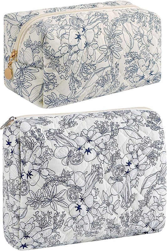 Makeup Bag Travel Cosmetic Bag for Women Girls, Zipper Make Up Pouch, Floral Flowers Toiletry Organizer Makeup, Portable Storage Bag, Cosmetic Travel Cloth Bag (2 Pack (L+S)/Navy Blue Flower)