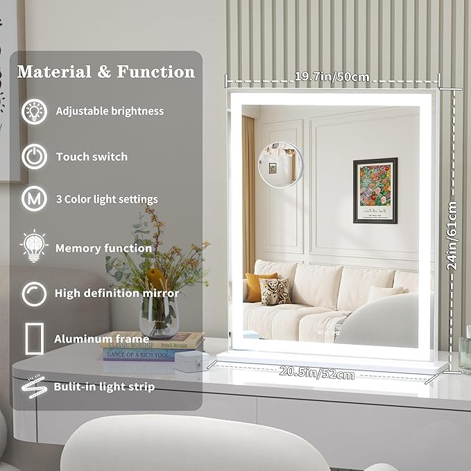 ANYHI Vanity Mirror with LED Light, 24"x20.5" Lighted Vanity Mirror with 10X Magnifying, 3 Color Modes, Dimmable, Smart Touch Control, Aluminum Frame, Tabletop/Wall Mount, White