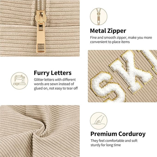 MAGEFY Corduroy Makeup Bag Small Makeup Bag for Purse with Compartments Cute Makeup Pouch Cosmetic Bag for Women Friends Preppy Gifts (Beige, SKIN)