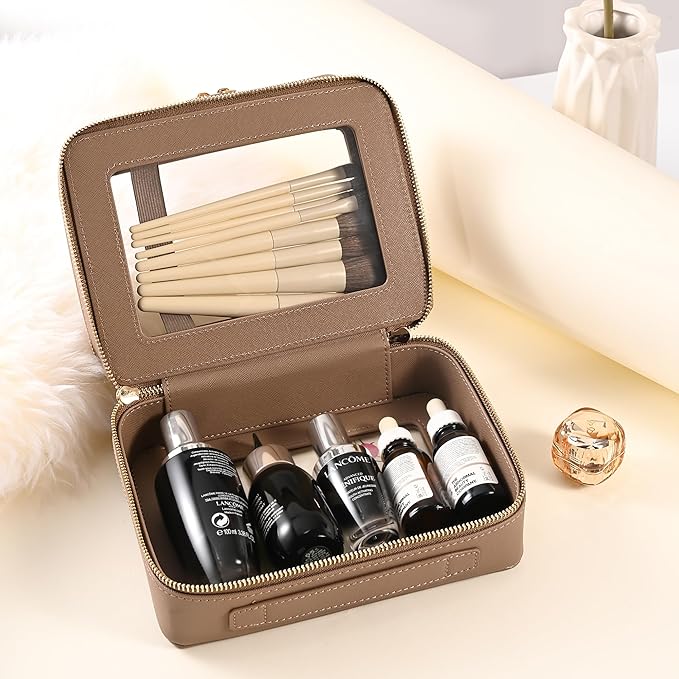 Aveniee Large Clear Makeup Bags, Double Layer Cosmetic Bags with Separate Brush Compartment, Travel Toiletry Bag Cosmetic Train Case, Travel Accessories Organizer for Women(2 Layers, Brown)