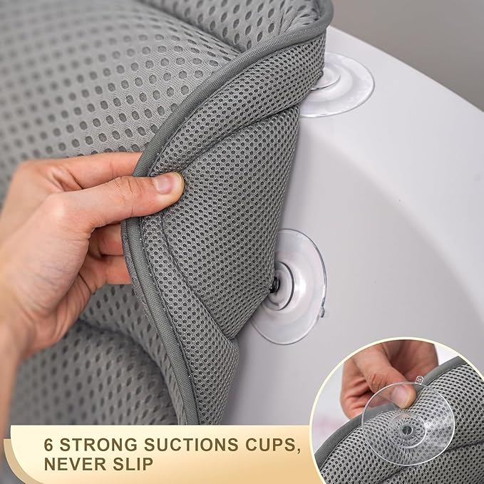 Bath Pillow Luxury Bathtub Pillow, Extra Soft & Comfortable Bath Pillow for Tub Head Neck and Back Support, with 4D Air Mesh Cushions & Non-Slip Suction Cups - Great Bath Gifts (Gray)