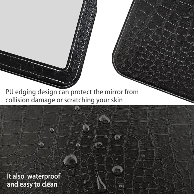 Black Foldable Desk Mirror, 6.5×8.9” Adjustable Angle Rounded Rectangle PU Edge Covering Travel Mirror with Stand (LBlack)