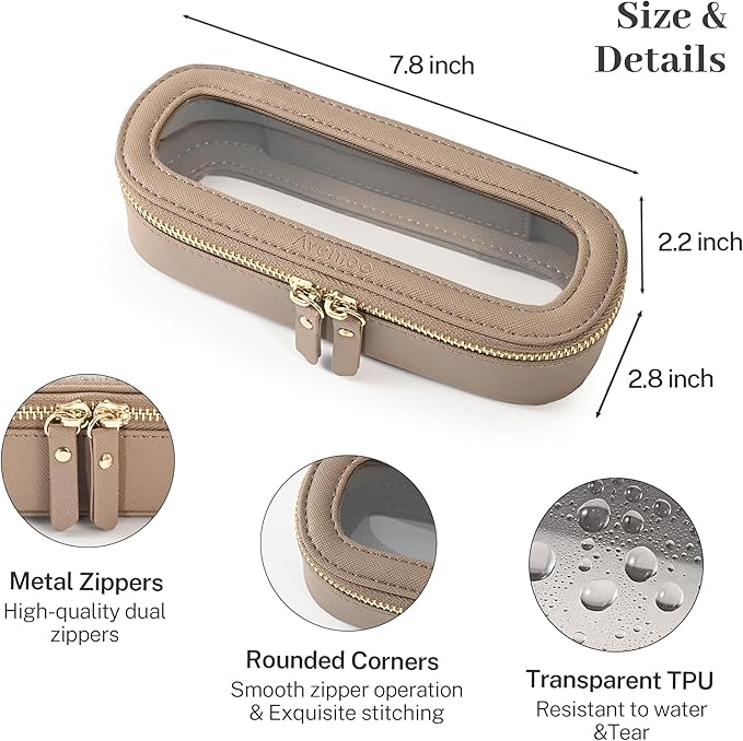 Aveniee Slim Clear Makeup Brush Bag, Small Cosmetic Brush Holder, Mini Toiletry Bag Travel Case for Women, Thin Make up Bags with Dual Zipper, Cute Travel Essentials Bag Organizer - Taupe