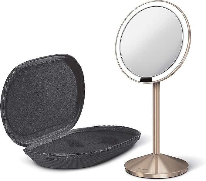 simplehuman Sensor Mirror, Travel Makeup Mirror with Lights, 10X Magnification, Lighted, Round, Free Standing, 5", Rose Gold Stainless Steel