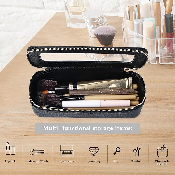 Makeup Brush Case Clear Travel Cosmetic & Toiletry Bag Small Makeup Bag with Zipper Purse Organizer Car Essential Bag for Women (Black, SLIM)