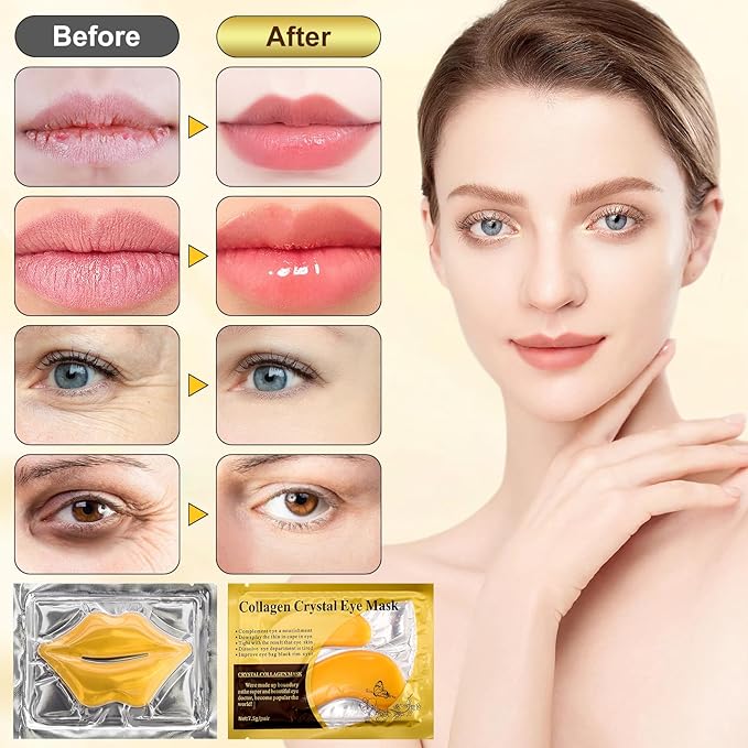 40 Pcs Lip and Eye Mask Set,Collagen Lip Mask Sheet and Under Eye Patches,Gold Lips Masks Skincare,Gold Gel Crystal Collagen Eye Patches,Moisturizing Reducing Fine Lines & Dark Circle