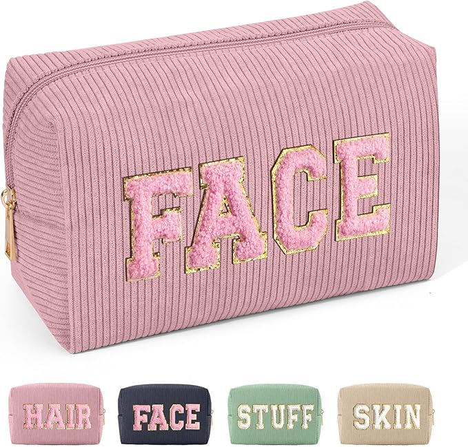 MAGEFY Corduroy Makeup Bag Small Makeup Bag for Purse with Compartments Cute Makeup Pouch Cosmetic Bag for Women Friends Preppy Gifts (Pink, FACE)