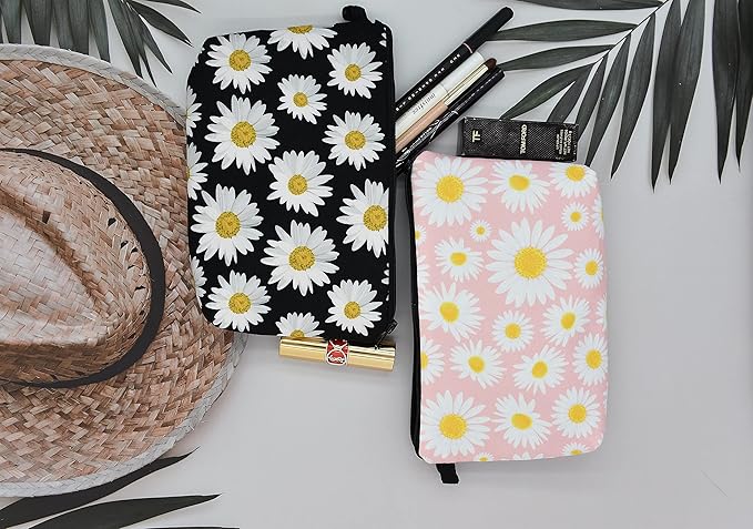 2 Pcs Cosmetic Bag for Women Small Make Up Bag Waterproof Travel Toiletries Pouch with Zipper for Organizing Small Items, Gift Bags for Birthday Christmas(Daisy Flower 1)
