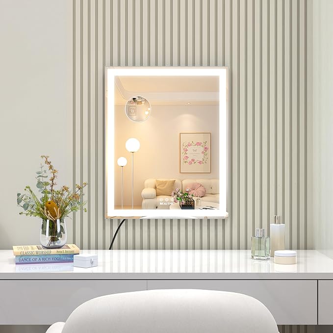 ANYHI Vanity Mirror with LED Light, 24"x20.5" Lighted Vanity Mirror with 10X Magnifying, 3 Color Modes, Dimmable, Smart Touch Control, Aluminum Frame, Tabletop/Wall Mount, Silver